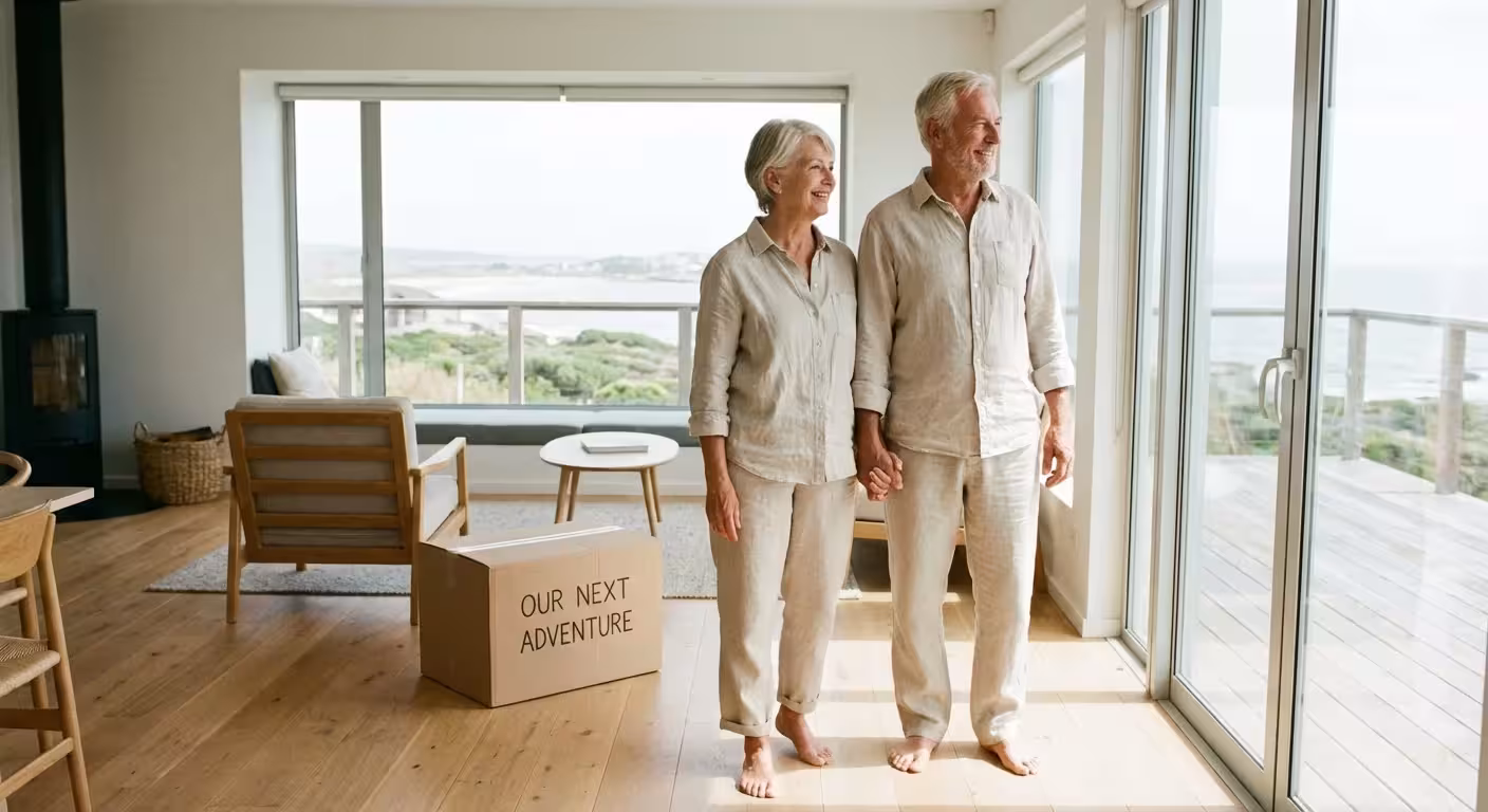 A senior couple holding hands in a bright, minimalist new room, symbolizing a fresh start.