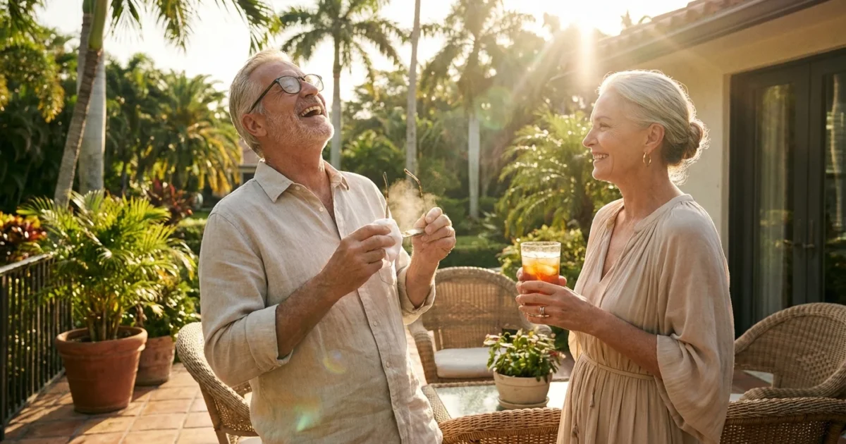 A senior couple laughing on a sunny Florida porch, man wiping foggy glasses.
