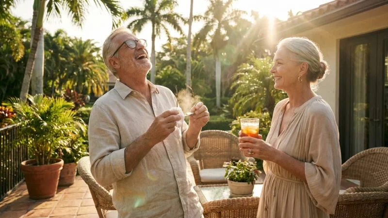 A senior couple laughing on a sunny Florida porch, man wiping foggy glasses.