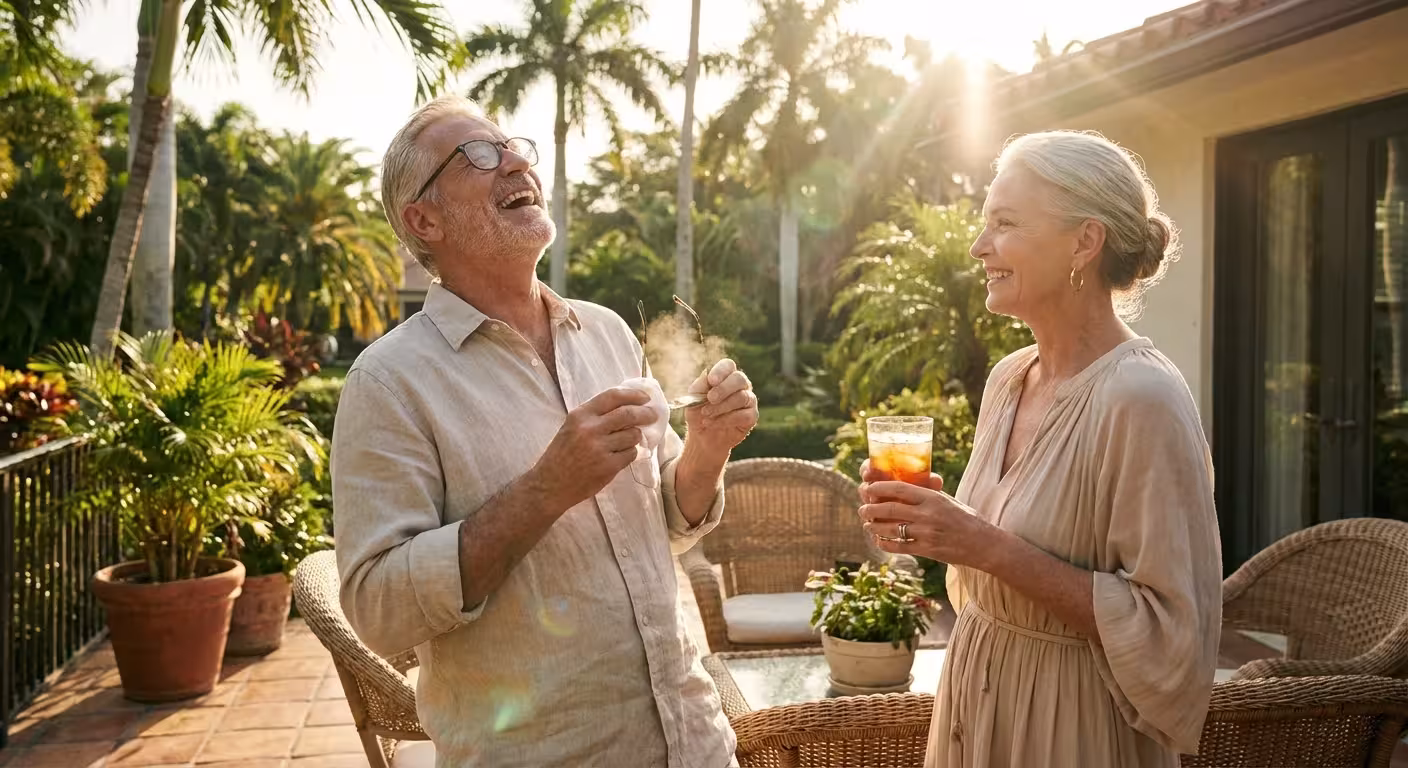 A senior couple laughing on a sunny Florida porch, man wiping foggy glasses.