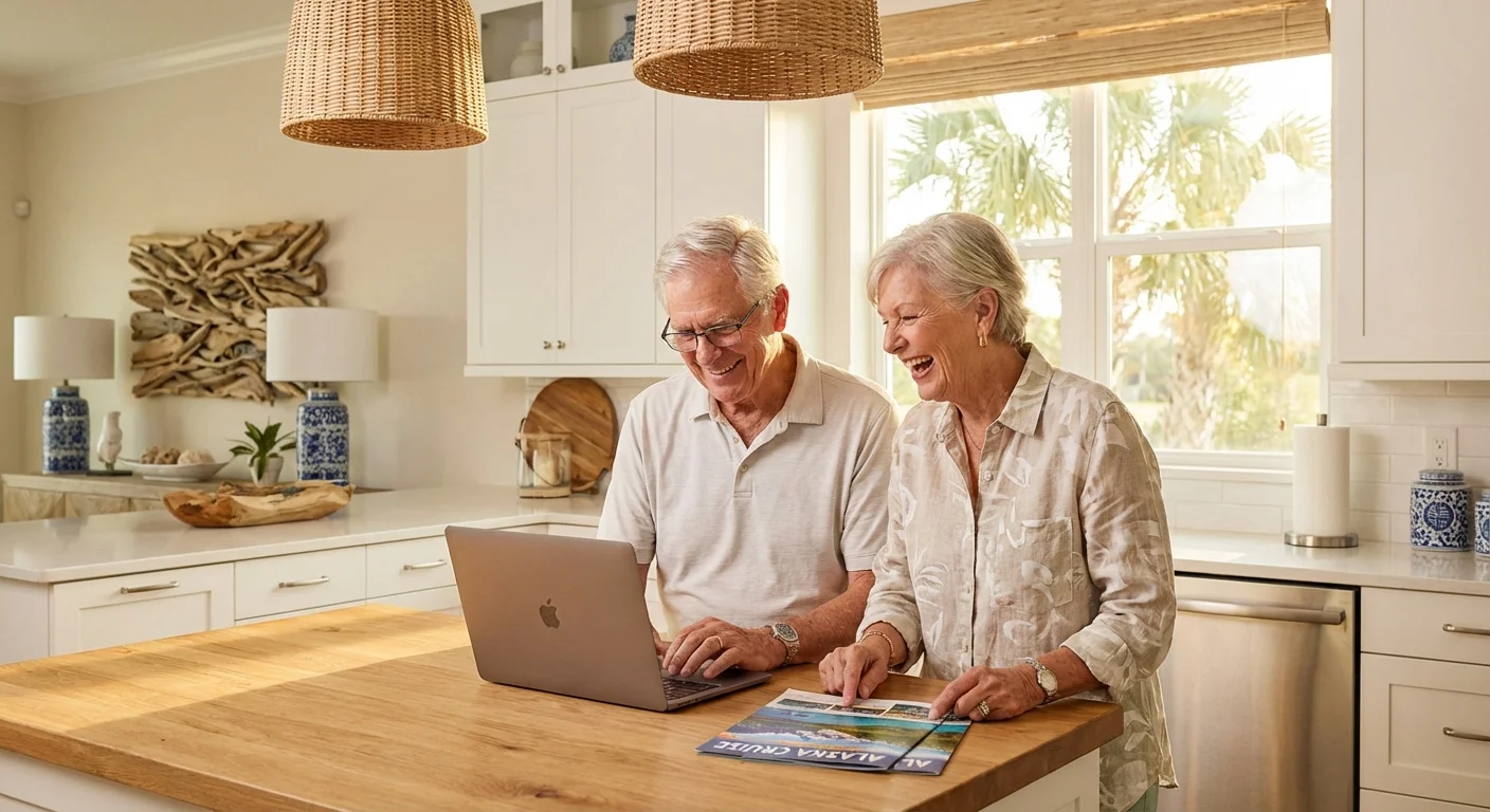 A senior couple laughing together in a bright, modern kitchen while looking at a laptop and travel brochures.