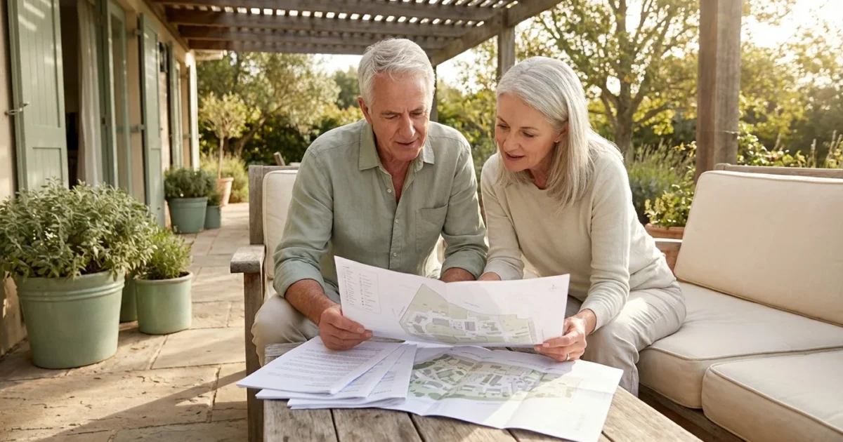 A senior couple reviews community plans on a sunny patio, representing careful retirement planning.