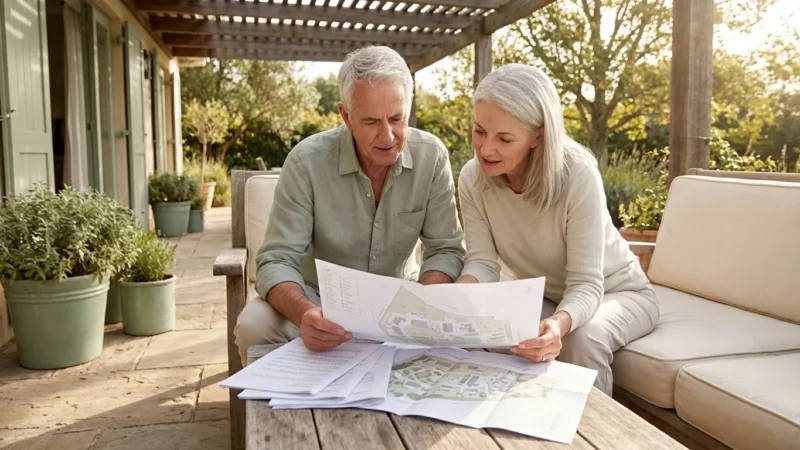 A senior couple reviews community plans on a sunny patio, representing careful retirement planning.