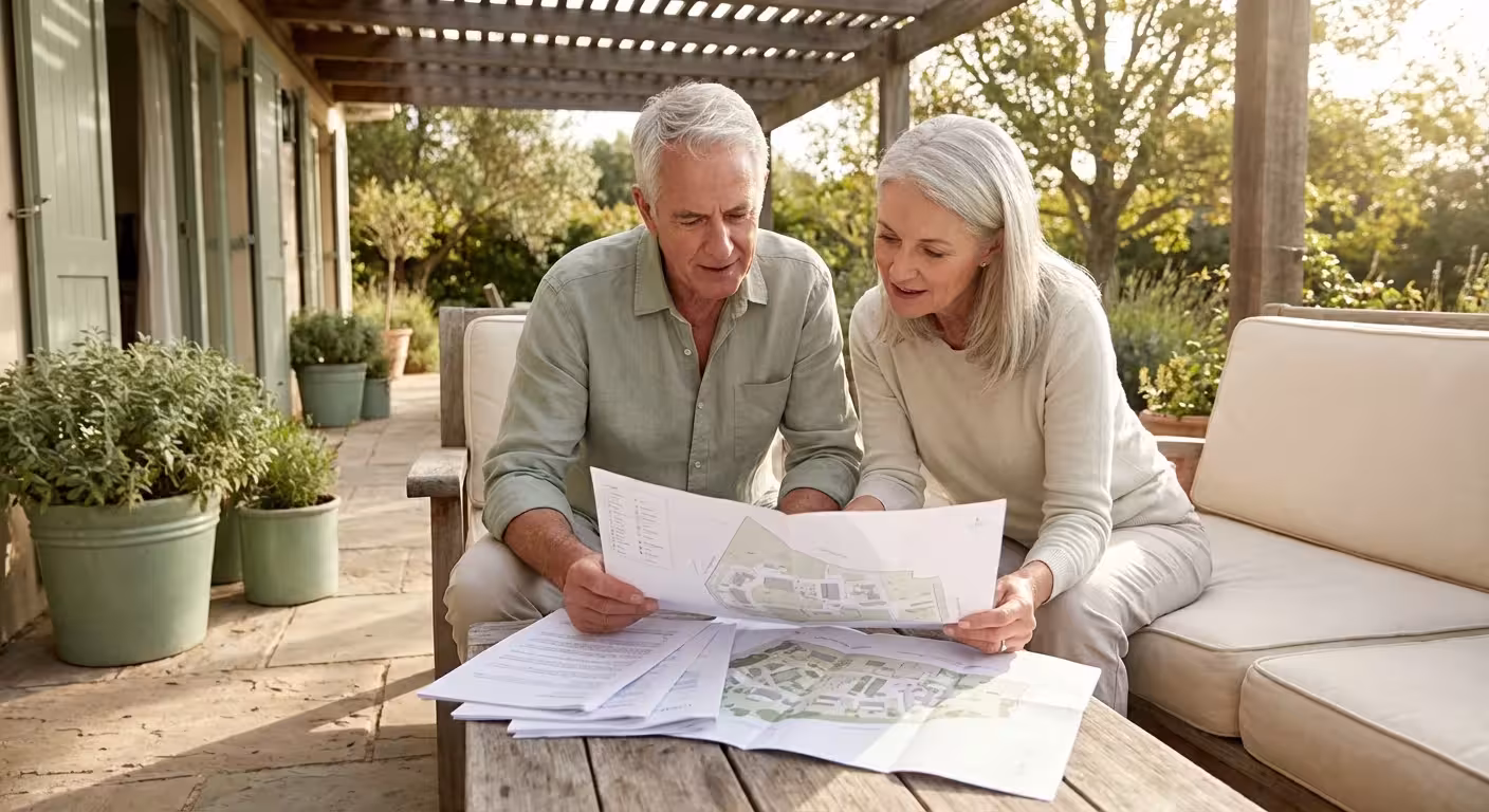 A senior couple reviews community plans on a sunny patio, representing careful retirement planning.