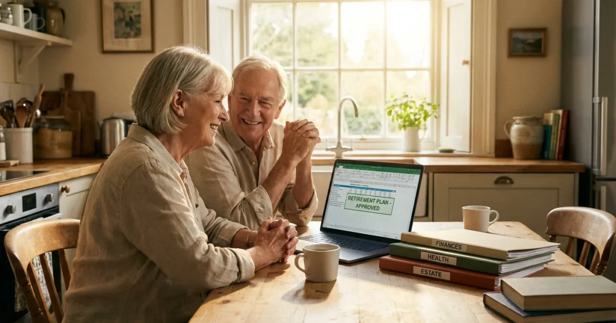 A senior couple sits at a sunlit kitchen table looking at a laptop with a sense of relief and clarity.