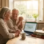 A senior couple sits at a sunlit kitchen table looking at a laptop with a sense of relief and clarity.