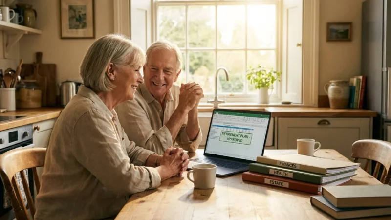 A senior couple sits at a sunlit kitchen table looking at a laptop with a sense of relief and clarity.