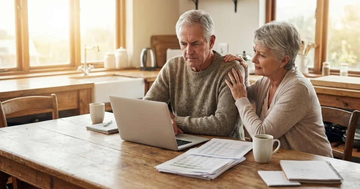 A senior couple sits at a sunlit kitchen table, looking thoughtfully at financial documents on a laptop.