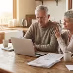 A senior couple sits at a sunlit kitchen table, looking thoughtfully at financial documents on a laptop.