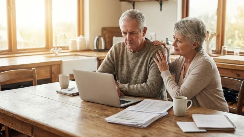 A senior couple sits at a sunlit kitchen table, looking thoughtfully at financial documents on a laptop.
