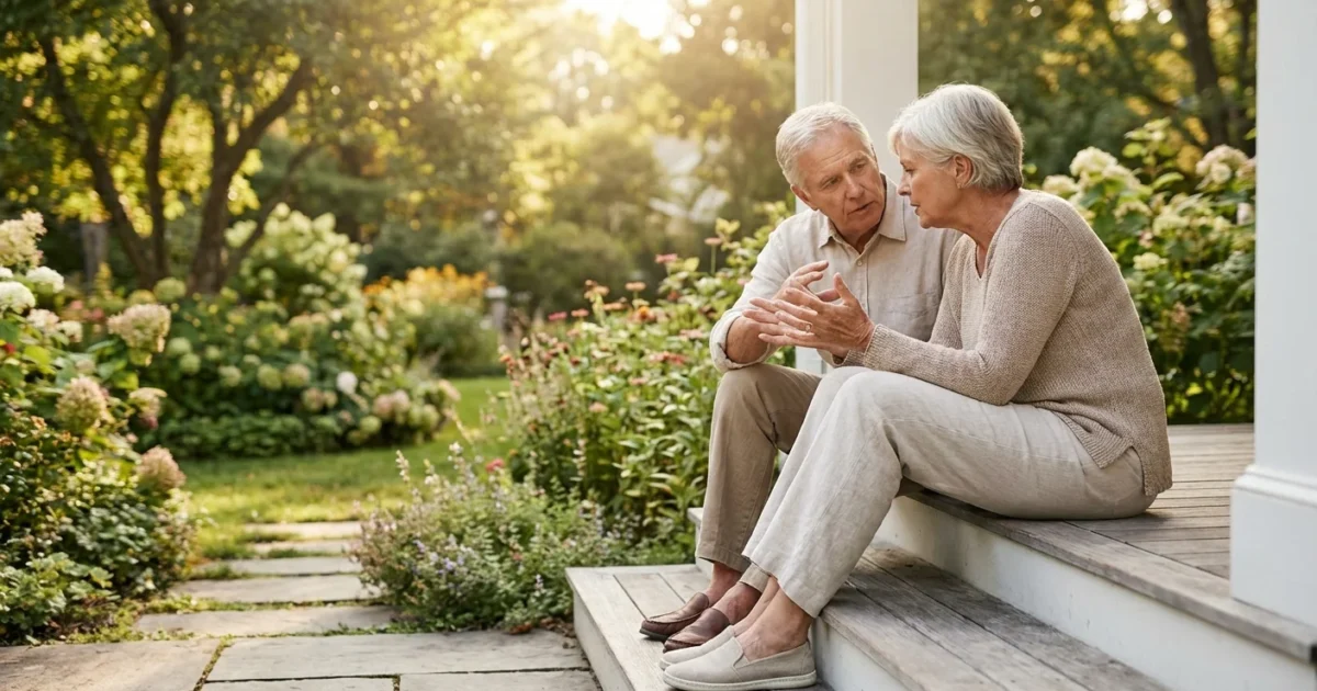 A senior couple sitting on their porch steps having a serious but tender conversation during sunset.