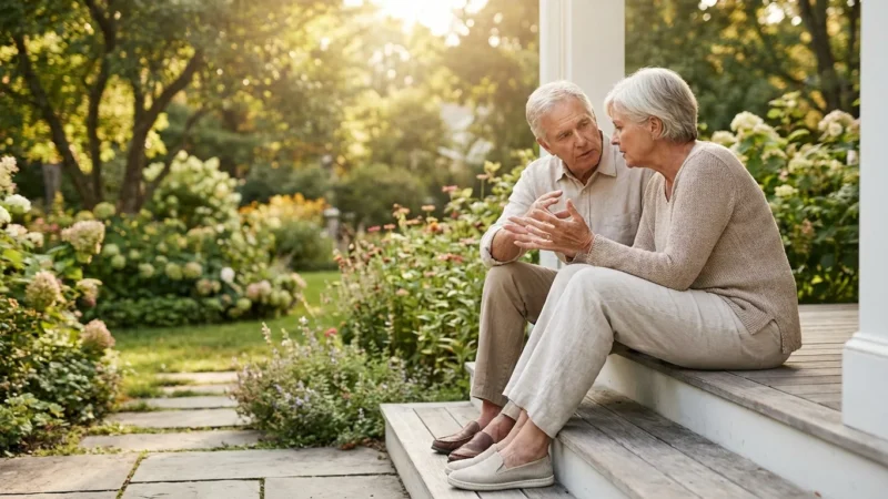 A senior couple sitting on their porch steps having a serious but tender conversation during sunset.