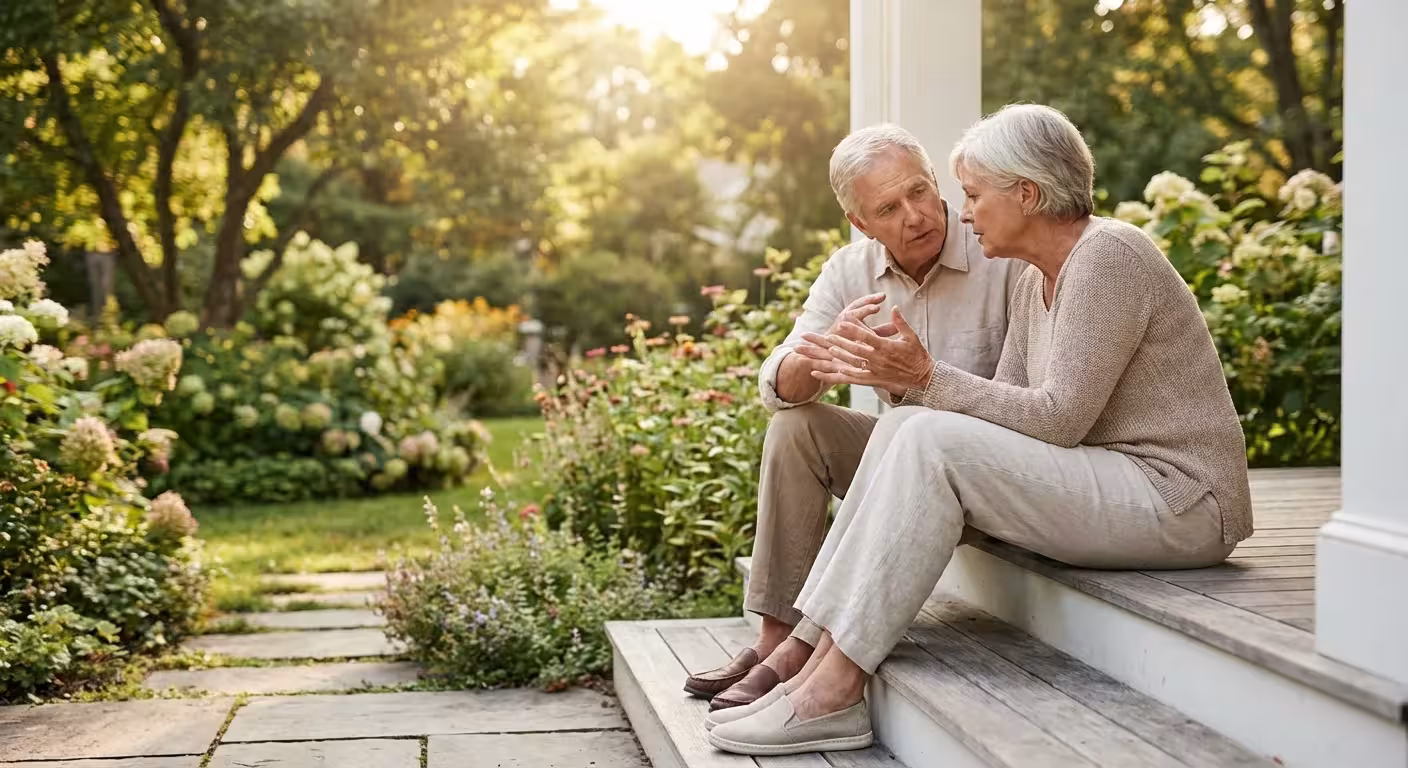 A senior couple sitting on their porch steps having a serious but tender conversation during sunset.