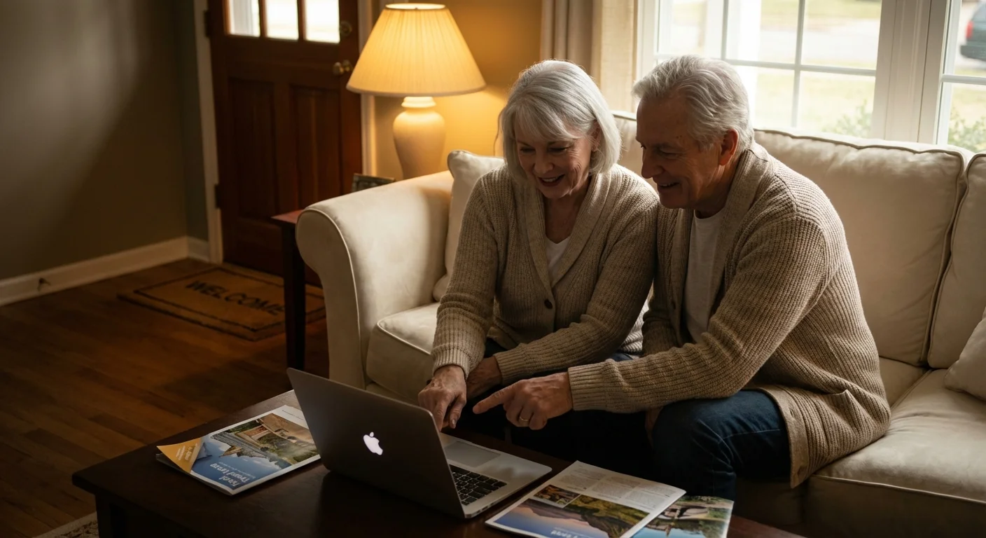 A senior couple sitting together on a couch, researching volunteer opportunities on a laptop.