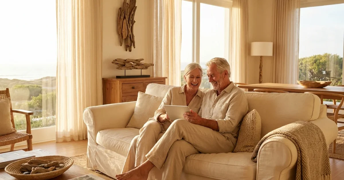 A senior couple smiles together in their bright, modern living room while looking at a tablet.