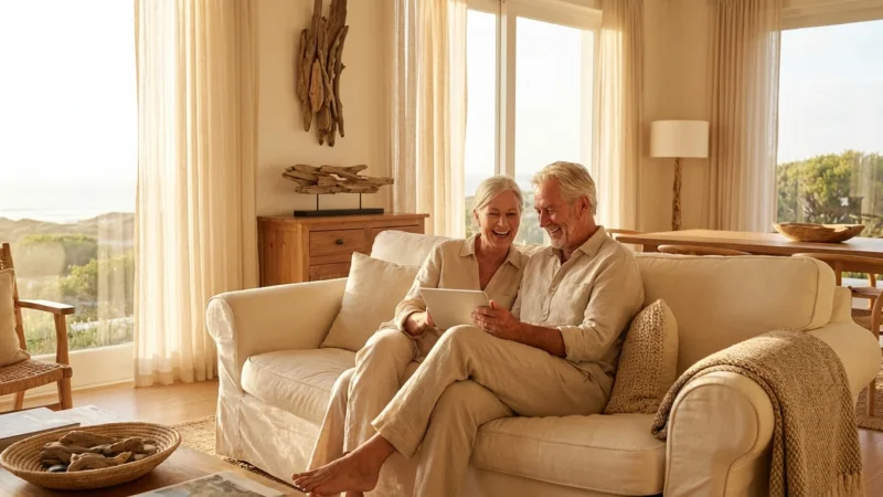A senior couple smiles together in their bright, modern living room while looking at a tablet.