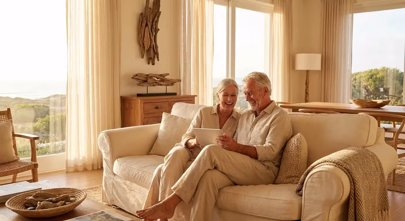 A senior couple smiles together in their bright, modern living room while looking at a tablet.
