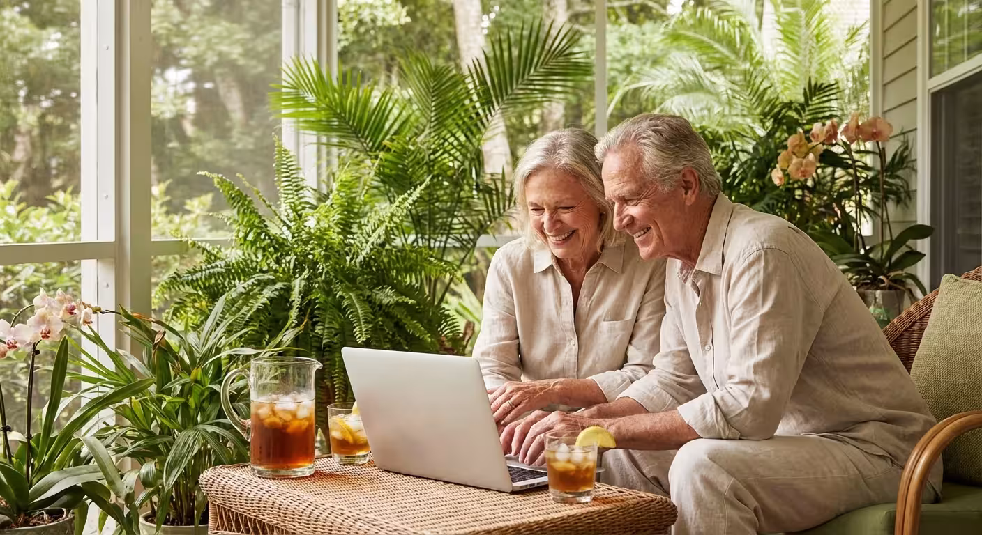A senior couple video chatting with friends from their shaded tropical porch.