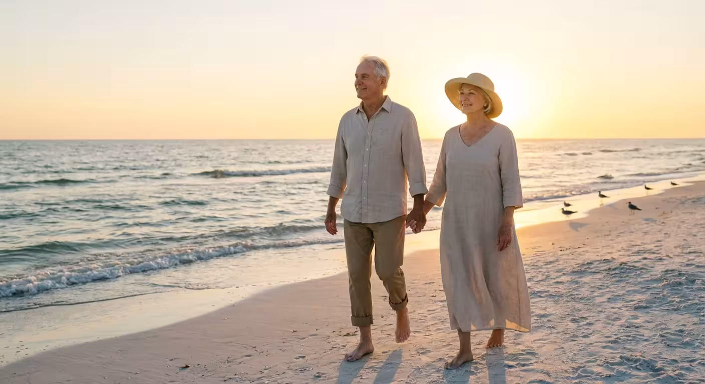 A senior couple walking on a peaceful beach at sunset, looking relaxed and happy.