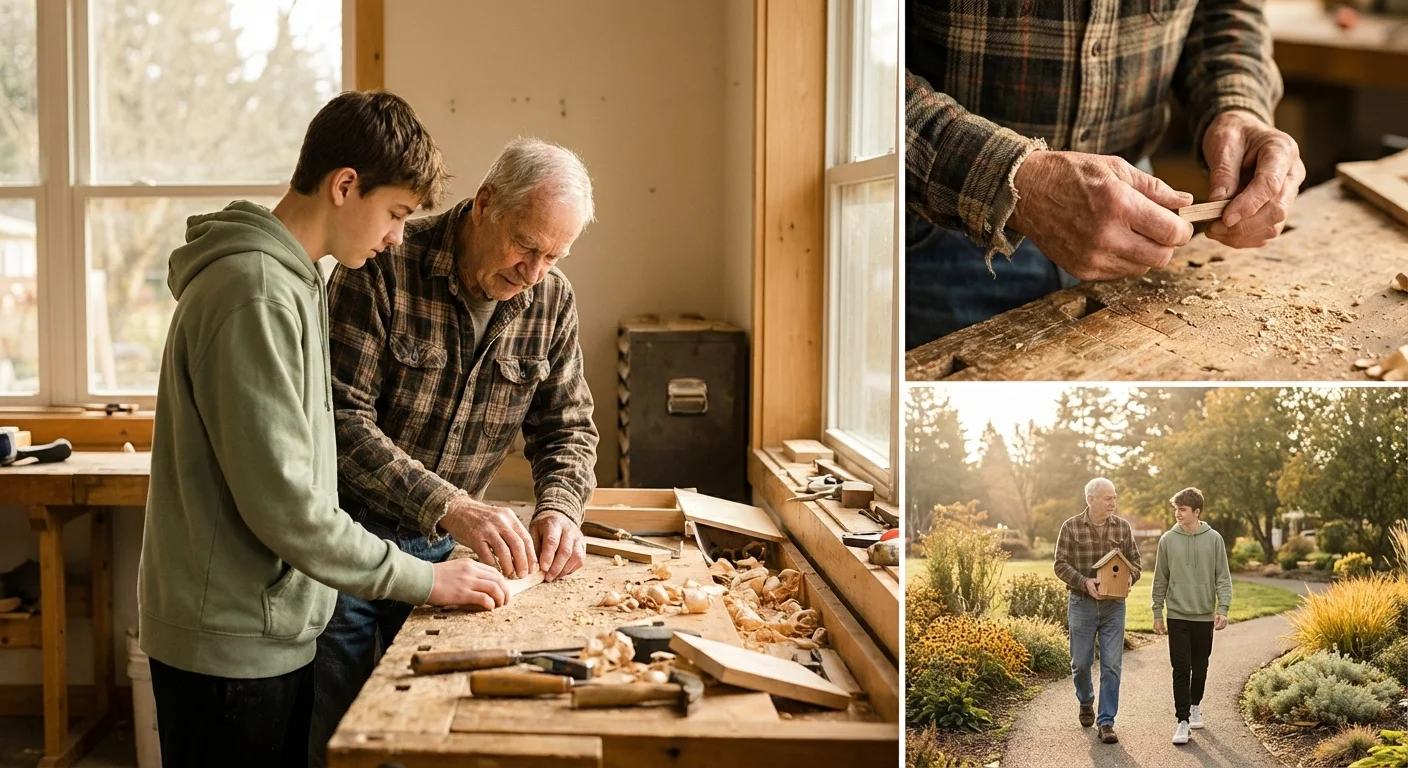 A senior man and a teenage boy working together on a woodworking project in a bright shop.