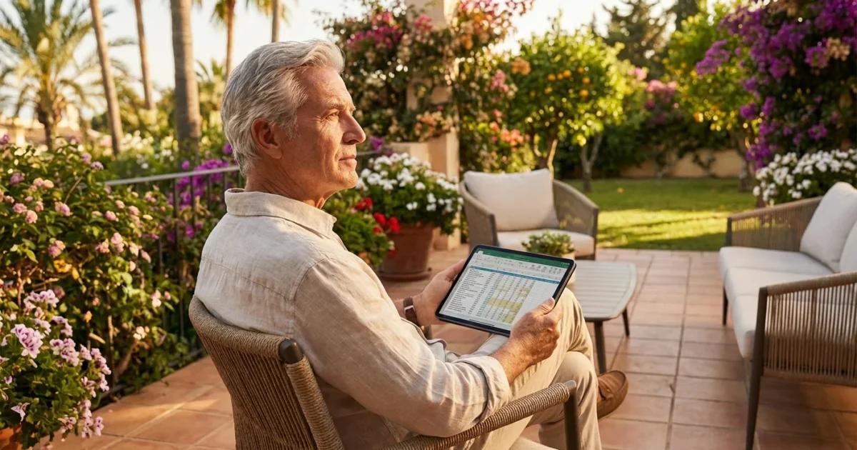A senior man on a sunny patio looking thoughtful while holding a tablet with data charts.