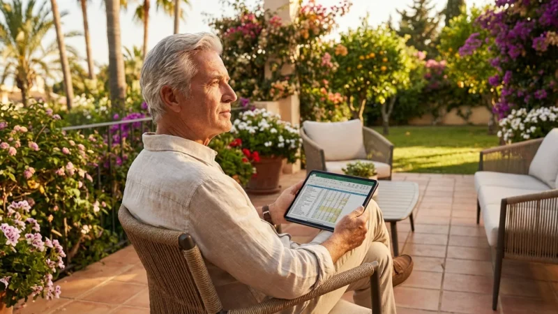 A senior man on a sunny patio looking thoughtful while holding a tablet with data charts.