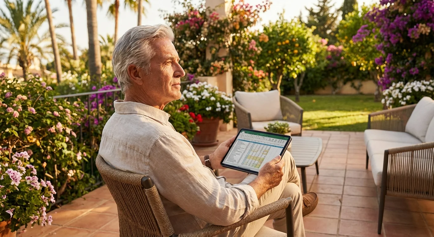 A senior man on a sunny patio looking thoughtful while holding a tablet with data charts.