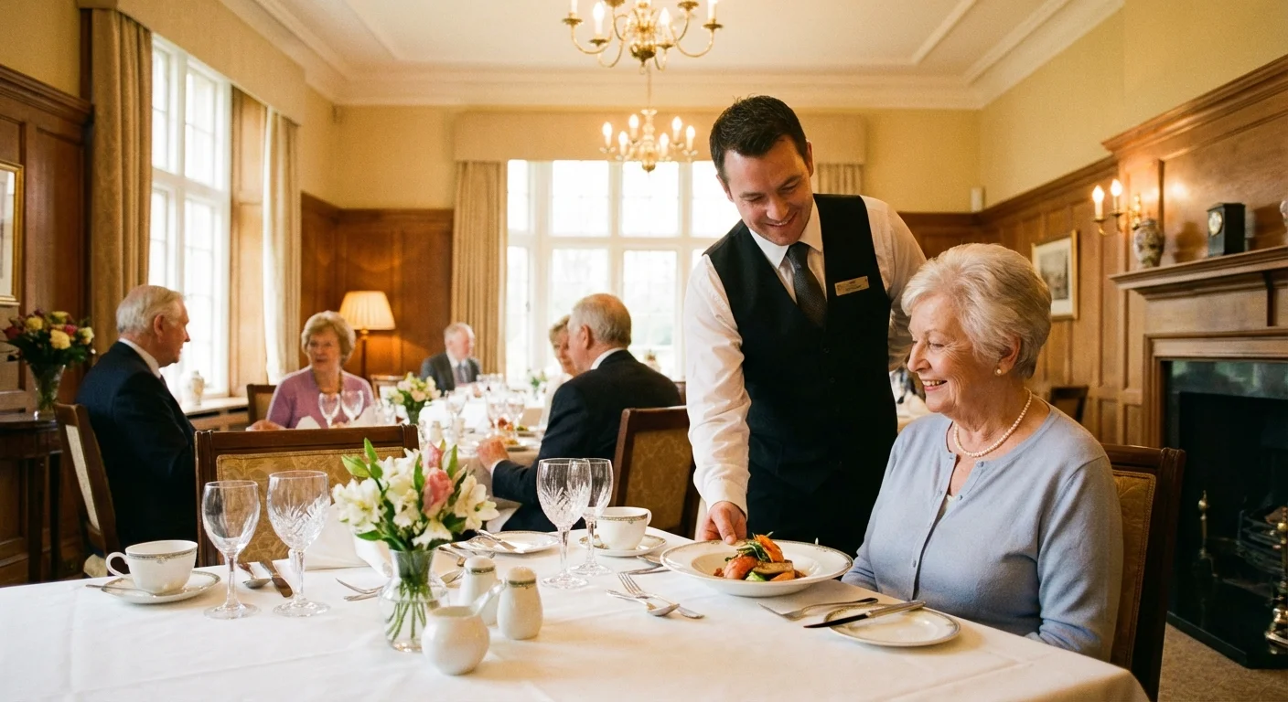 A senior woman enjoys a fine dining experience in an assisted living facility.