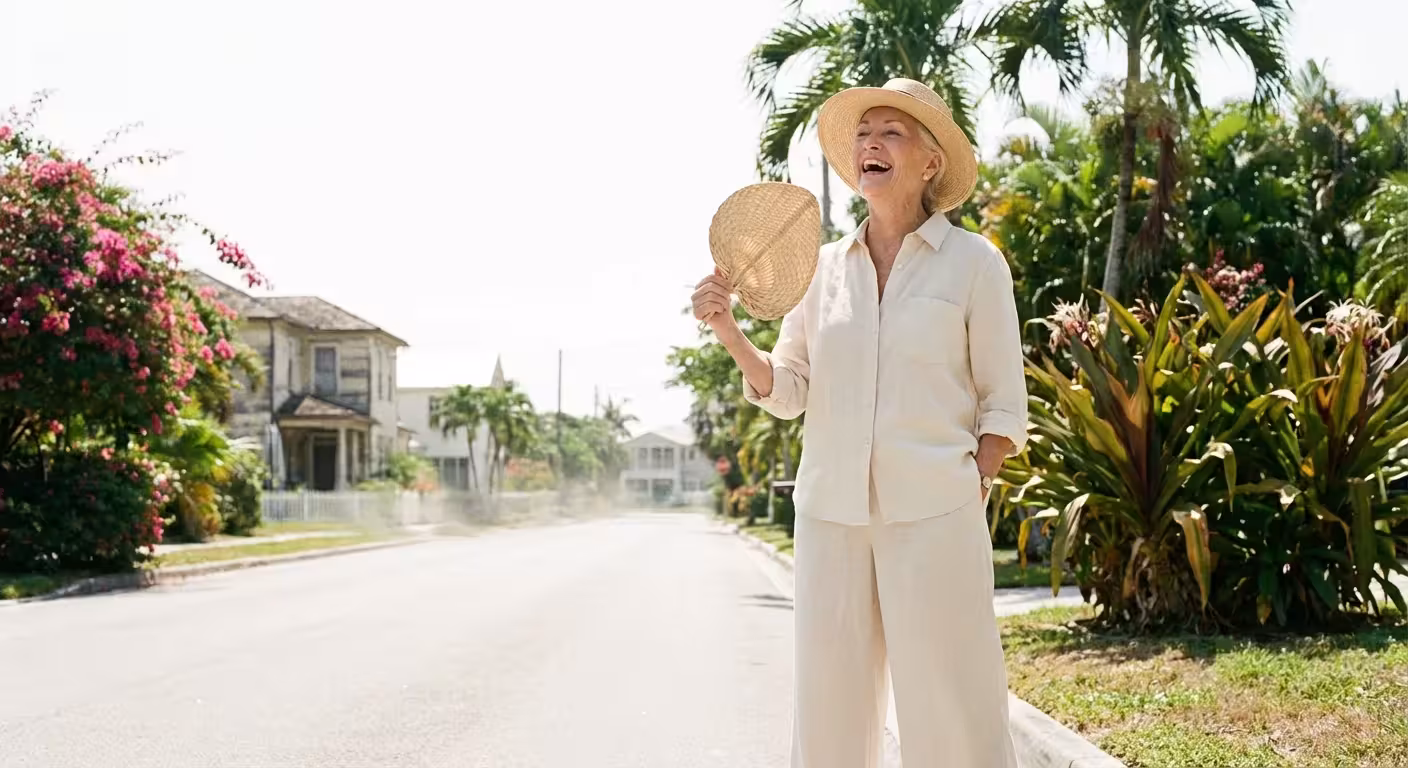 A senior woman in linen clothing fanning herself in the bright Florida sun.