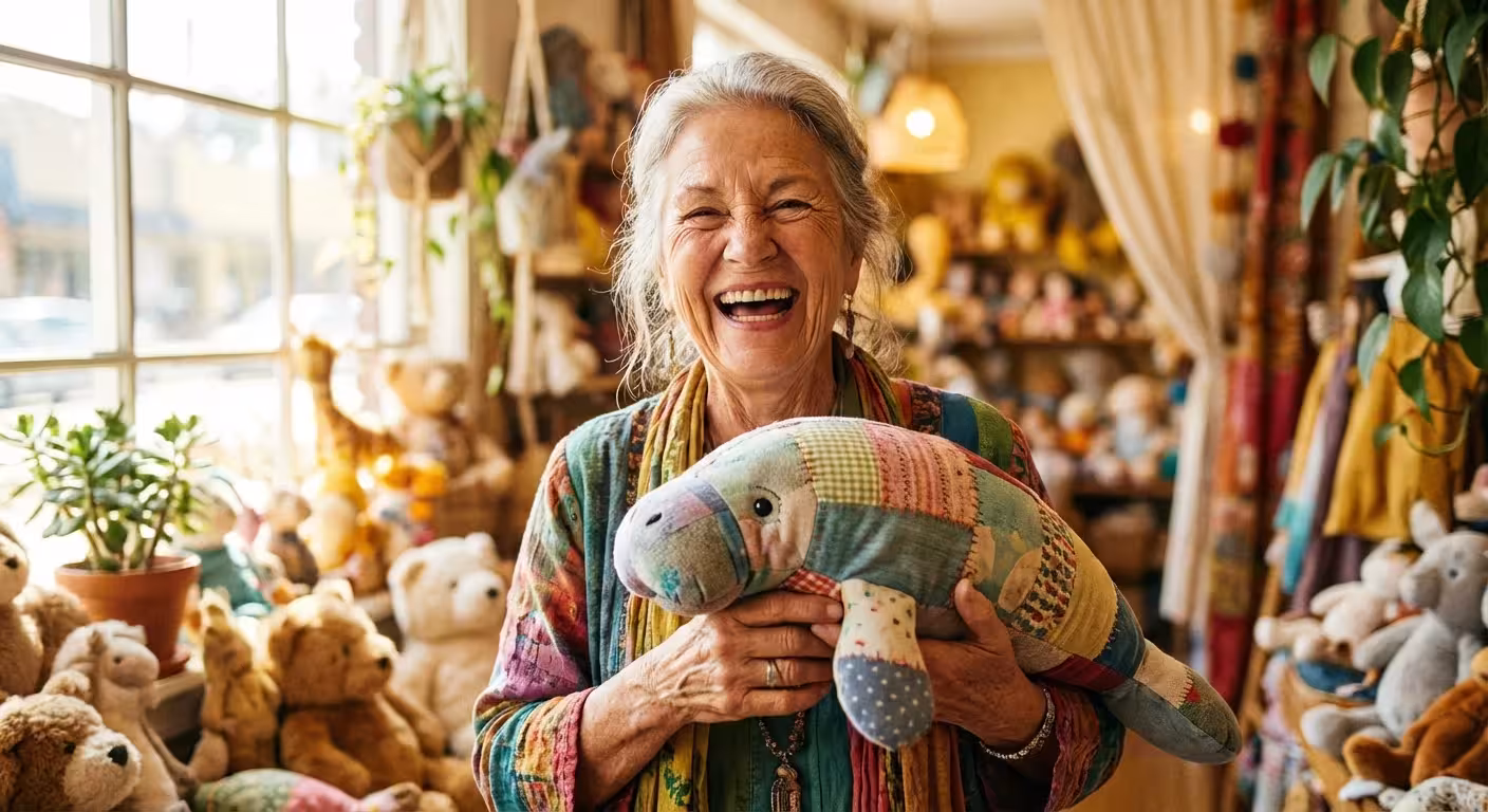 A senior woman laughing while holding a stuffed animal in a bright, sunny shop.