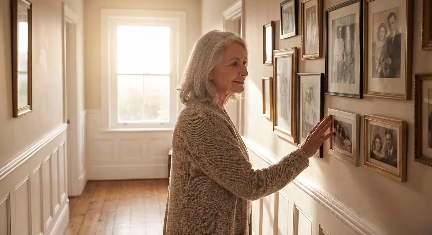A senior woman looking thoughtfully at a gallery wall of family photographs in a sunlit hallway.
