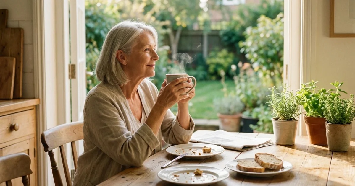 A senior woman looks out her kitchen window thoughtfully while holding a warm mug.