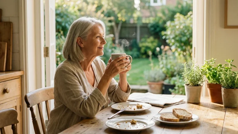 A senior woman looks out her kitchen window thoughtfully while holding a warm mug.
