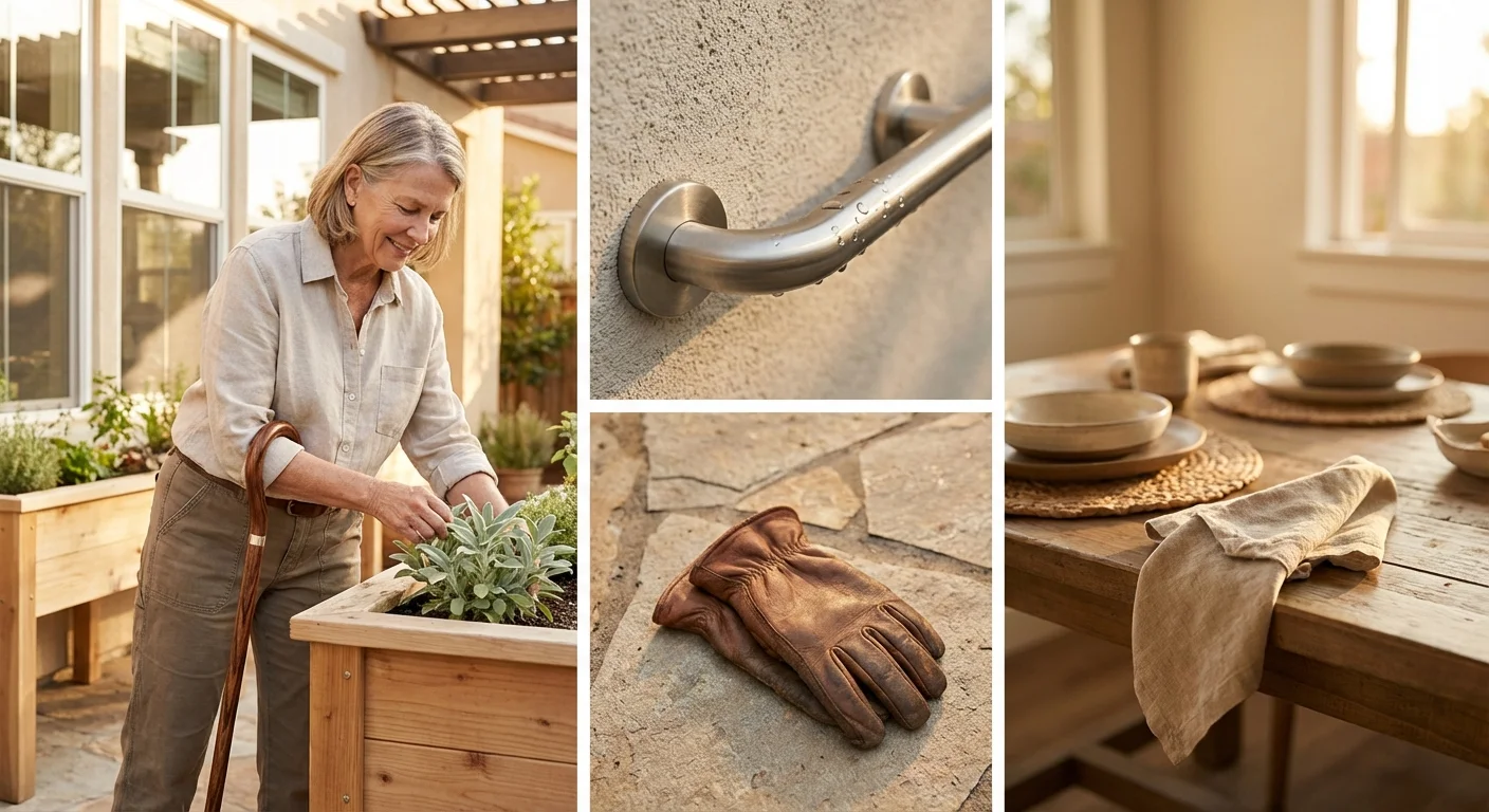 A senior woman using a walking stick while tending to a raised garden bed in the sun.