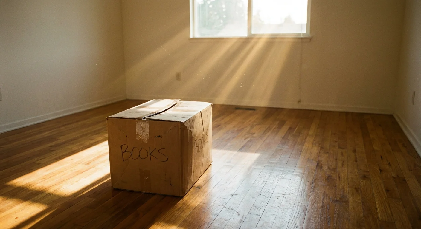 A single cardboard box in a quiet, empty room with sunlight streaming across the floor.