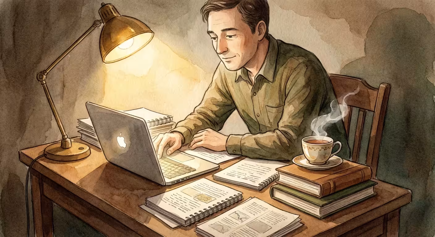 A soft watercolor painting of a man focused on research at his desk with a warm cup of tea.