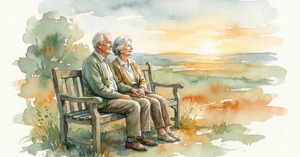 A watercolor painting of a senior couple holding hands on a garden bench during a warm sunset.