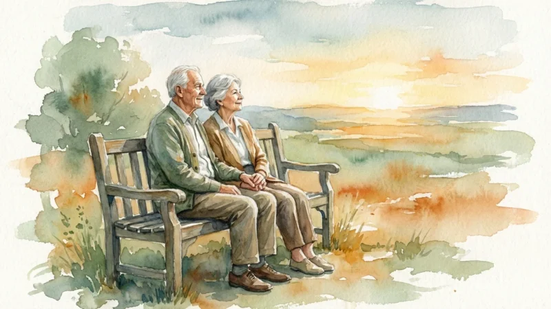 A watercolor painting of a senior couple holding hands on a garden bench during a warm sunset.