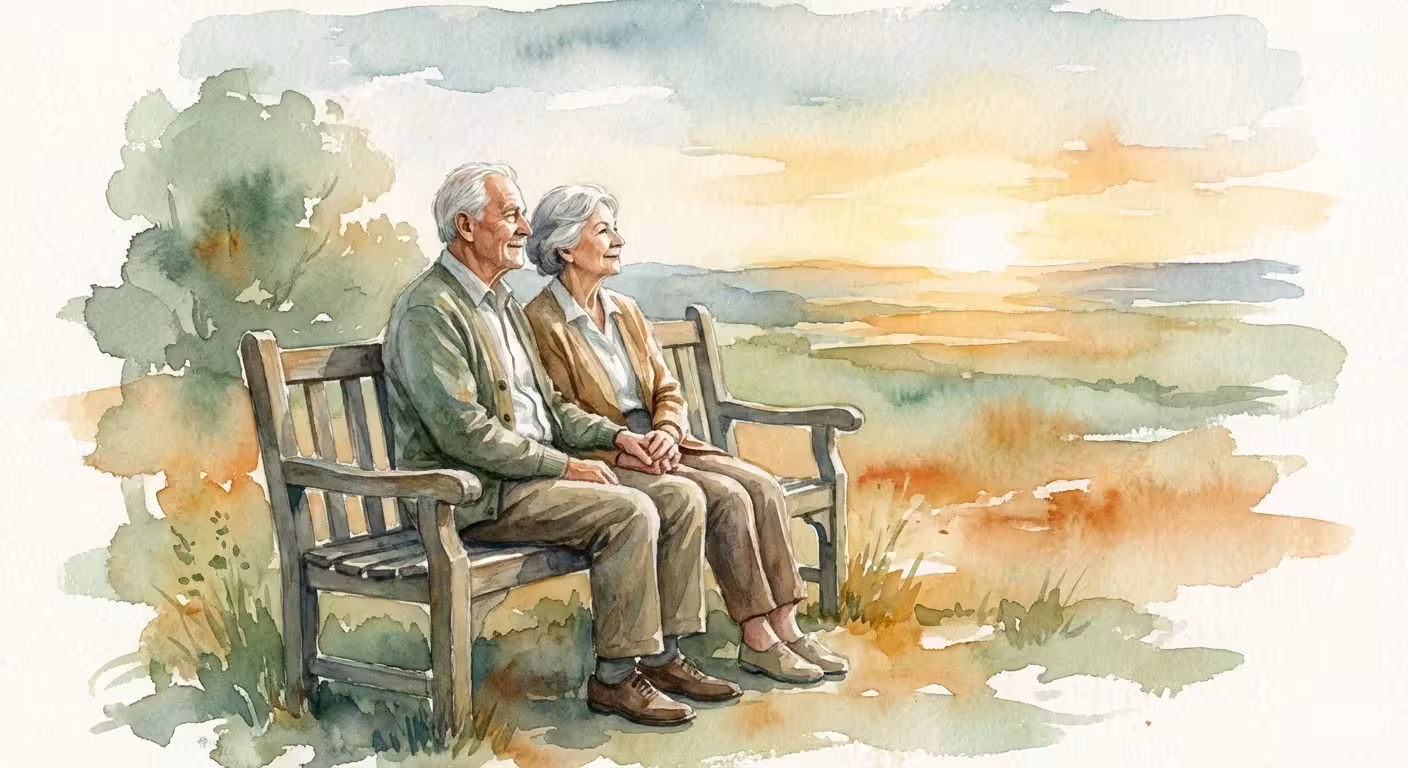A watercolor painting of a senior couple holding hands on a garden bench during a warm sunset.