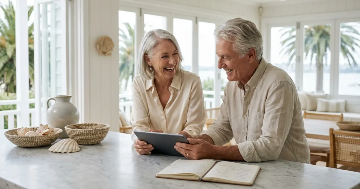 An older couple reviews financial plans in a sunlit, modern kitchen.