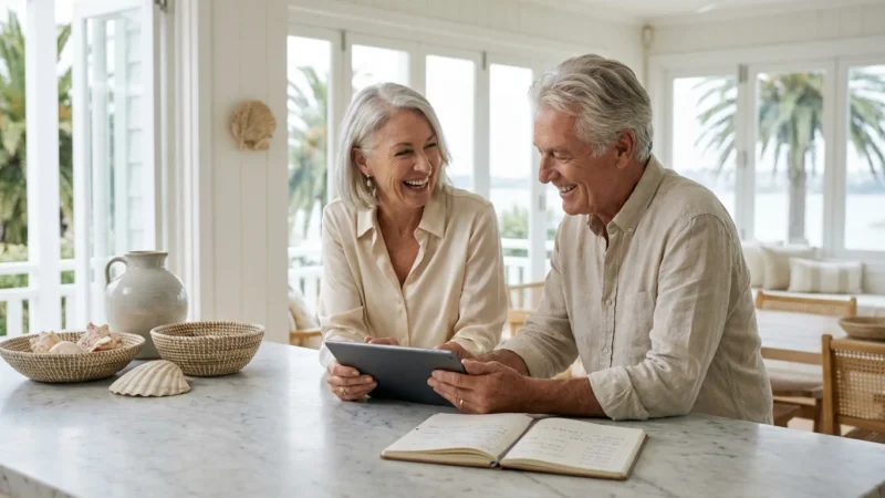 An older couple reviews financial plans in a sunlit, modern kitchen.