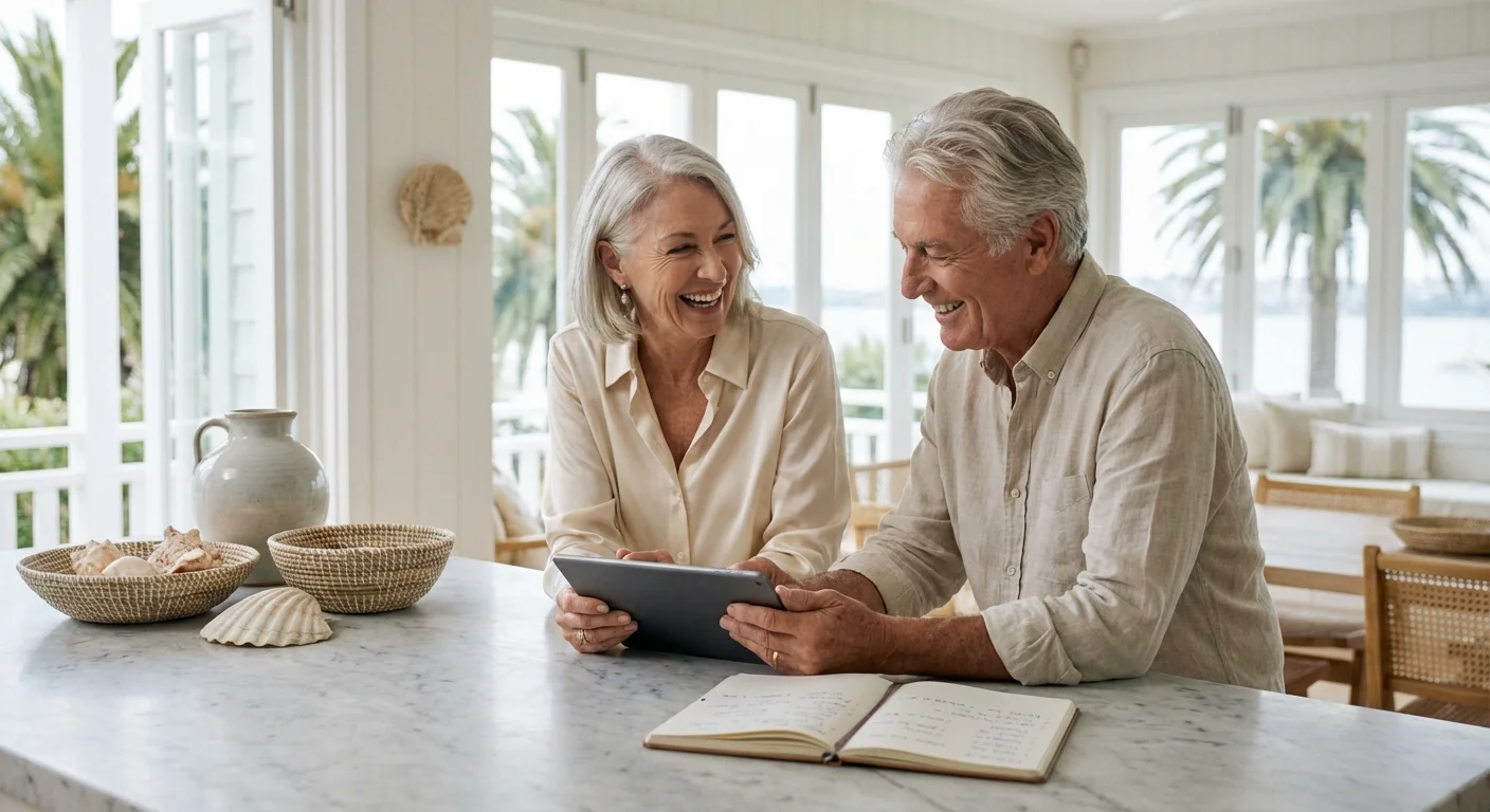An older couple reviews financial plans in a sunlit, modern kitchen.