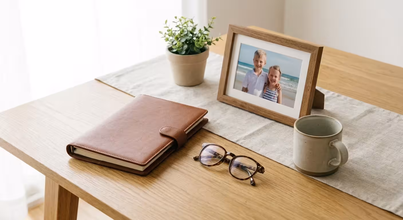 An organized desk with a planner, glasses, and a family photo in a sunlit room.