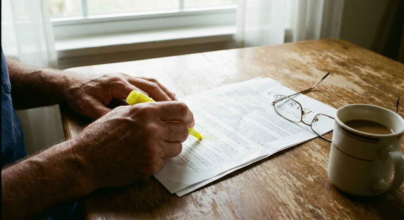 Close-up of hands highlighting a financial contract on a wooden desk.