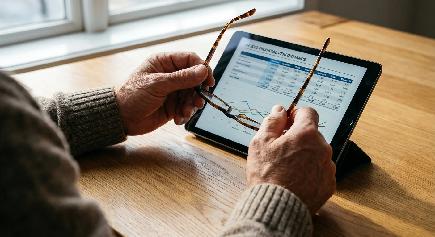 Close-up of hands reviewing a financial spreadsheet on a tablet.