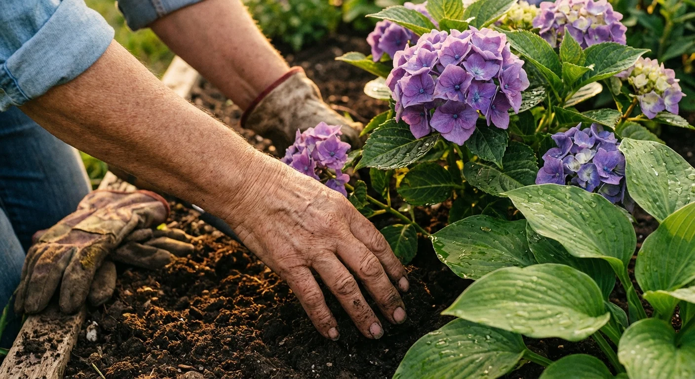 Close-up of senior hands pruning flowers in a lush, sunlit garden.
