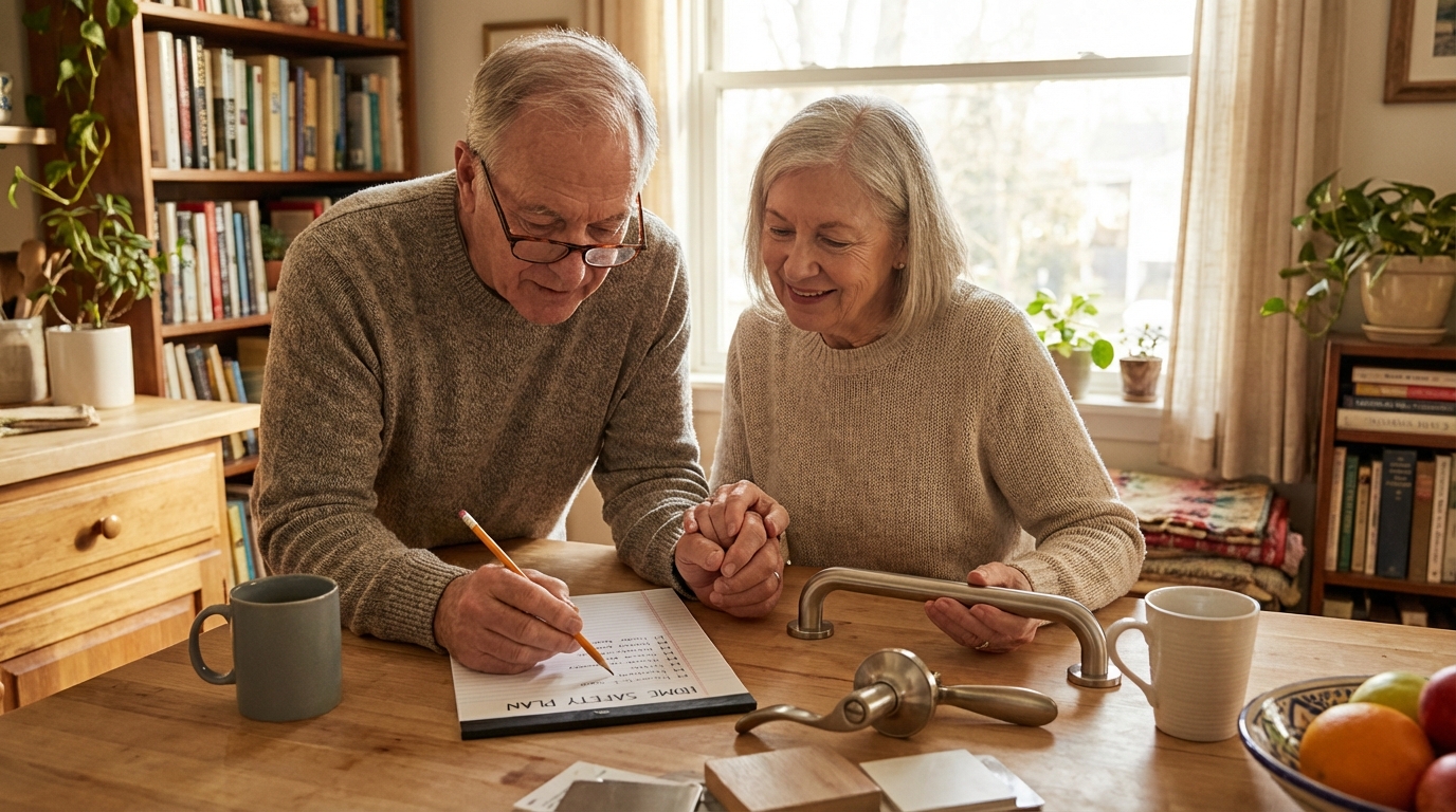 Elderly couple planning home safety modifications together at their kitchen table.
