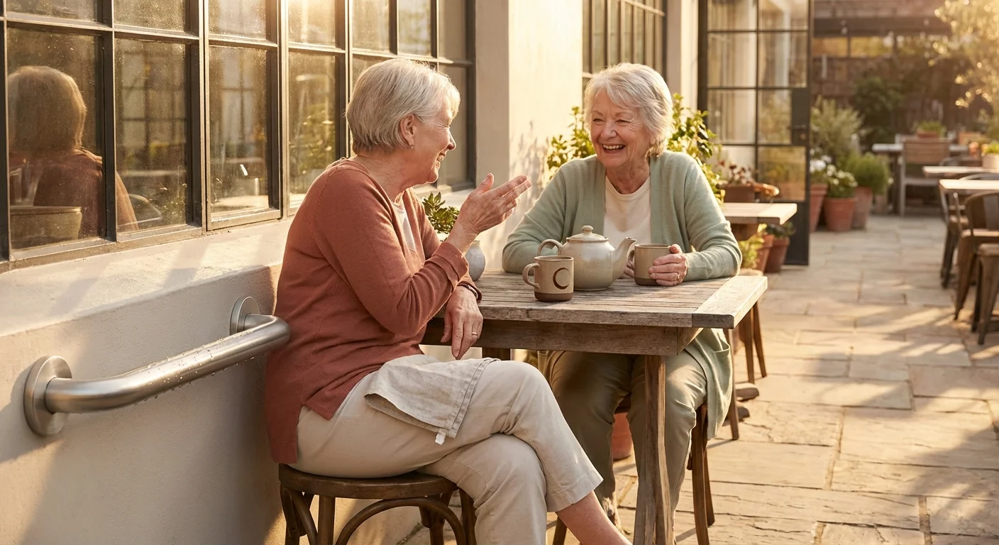 Two senior women enjoying tea and conversation on a warm outdoor patio.