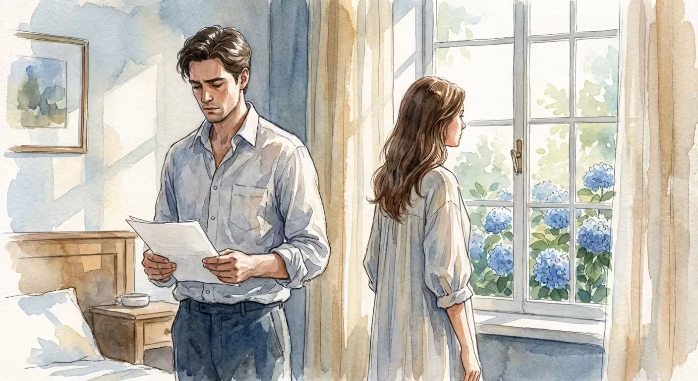 Watercolor of a woman looking out a window while her husband holds papers, depicting a moment of hesitation.