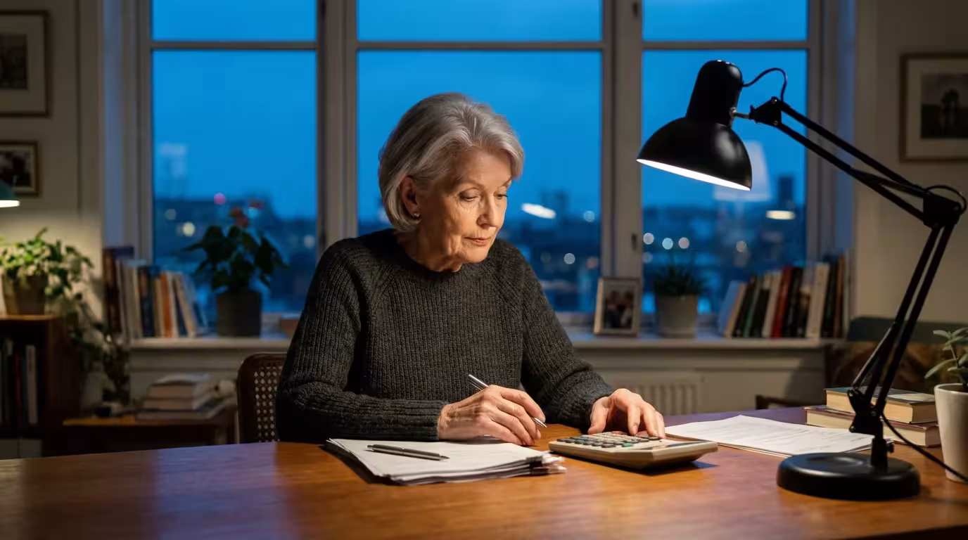 A senior woman at a desk with a calculator, thoughtfully reviewing financial papers at dusk.